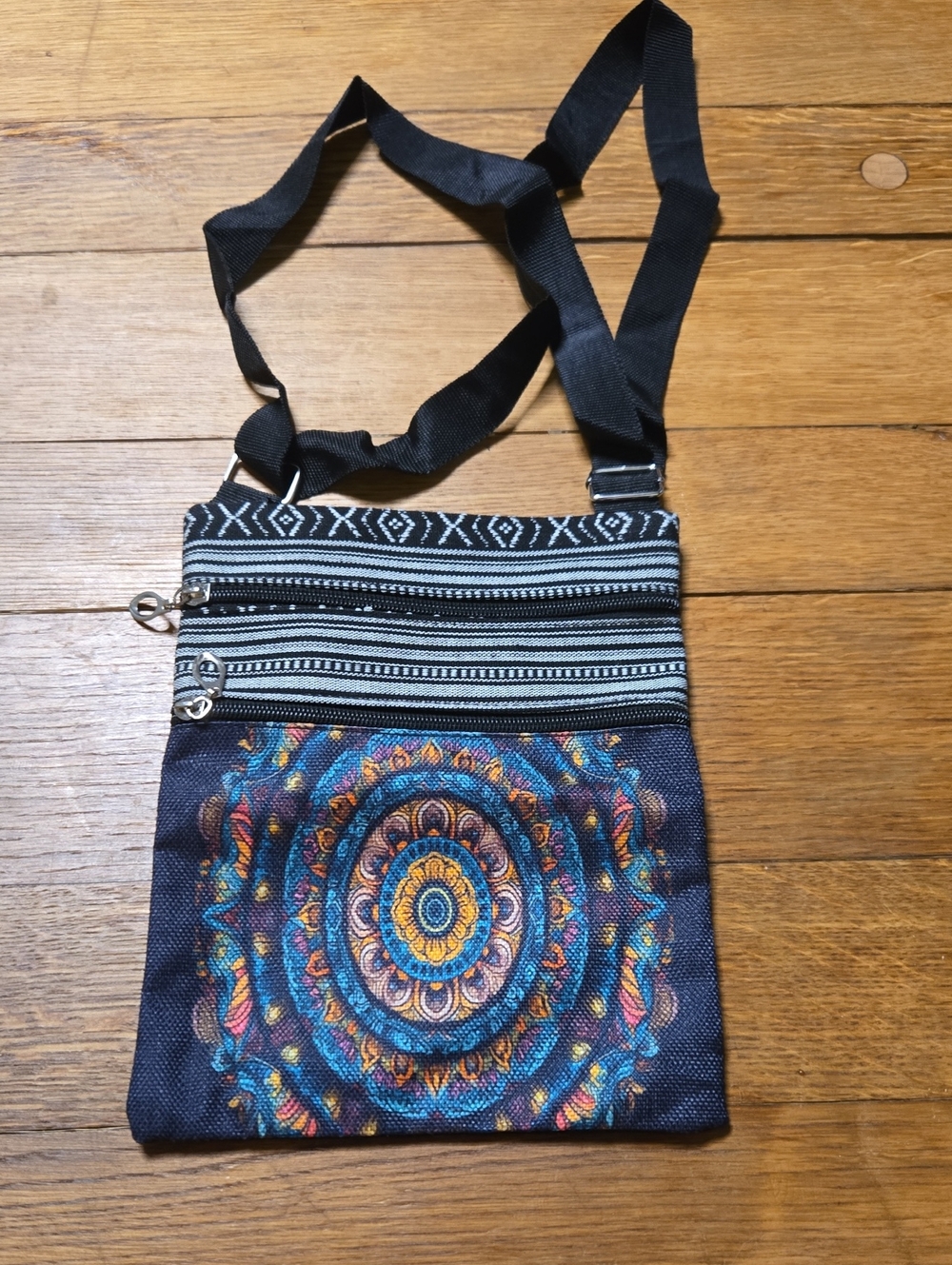 Navy Mandala Crossbody Bag with Adjustable Black Strap
